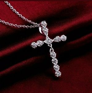 New 925 Silver Crystal Cross Necklace